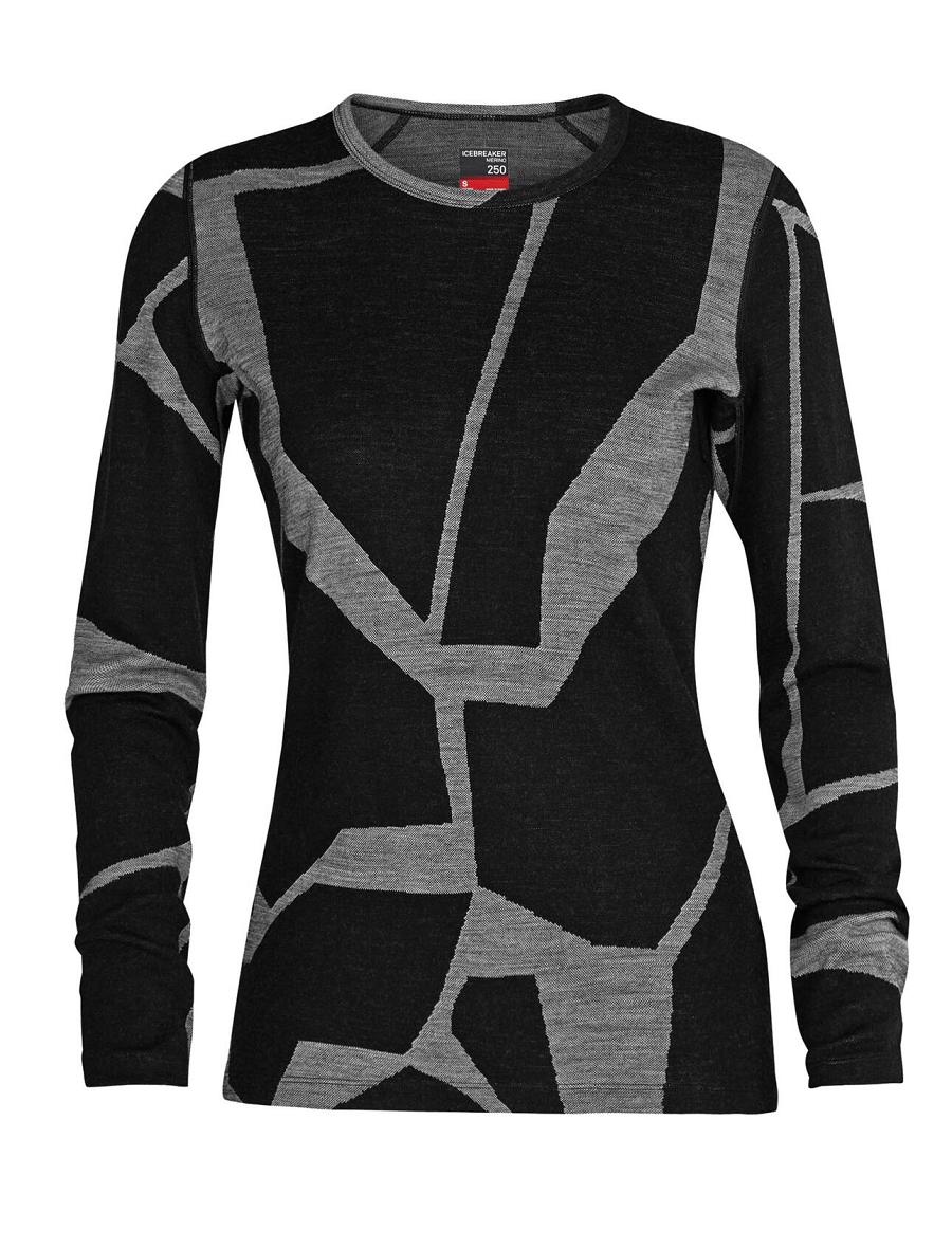 Black / Jet Heather Women's Icebreaker Merino 250 Vertex Long Sleeve Crewe Thermal Top Fractured Landscapes Base Layers | USA 1874NWYB